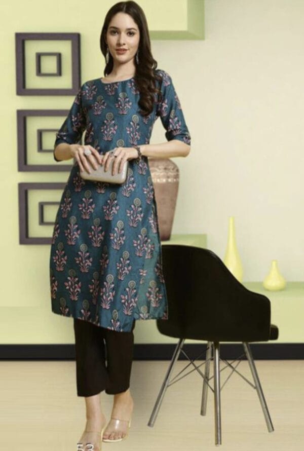 A-Line Printed Kurti with Pant for Women's & Girls Crepe - Image 2