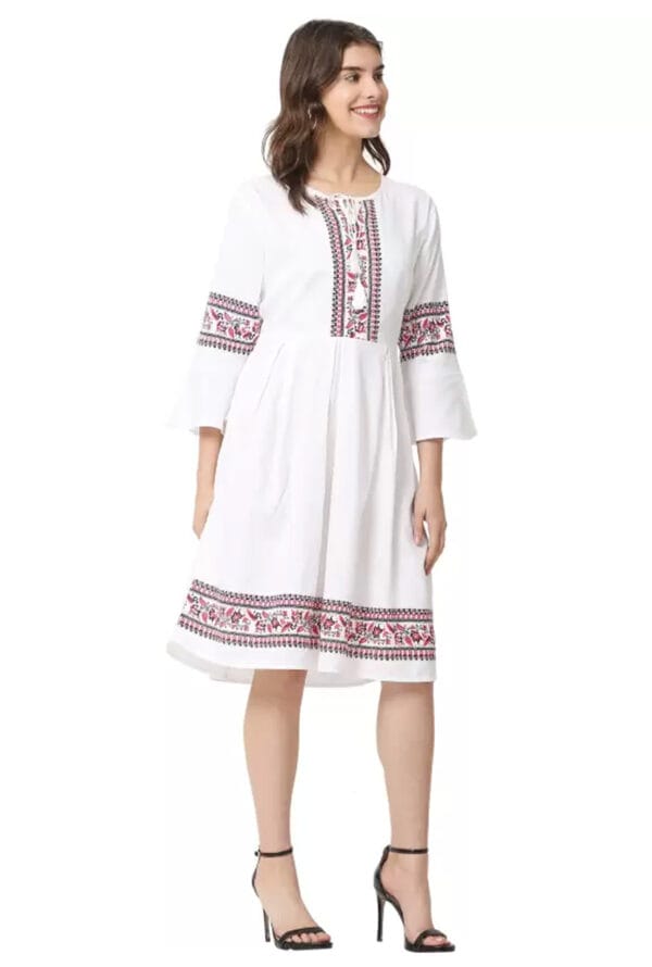 Fit and Flare White Below Knee Middy Dress for Women/Girls - Image 2