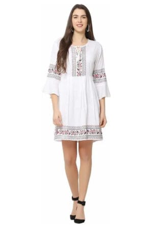 Fit and Flare White Below Knee Middy Dress for Women/Girls