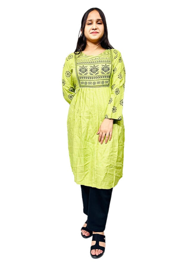 Printed Pure Cotton Ethnic Dress (Green, Pink) for Women/Girl - Image 2