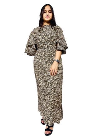 Flair Sleeves Ankle Length Dress for Girls & Women Leopard Print