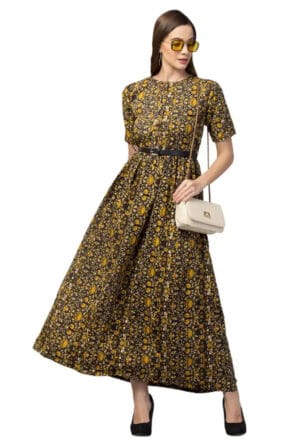 Fit and Flare Yellow, Black Maxi/Full Length Dress for Girls & Women