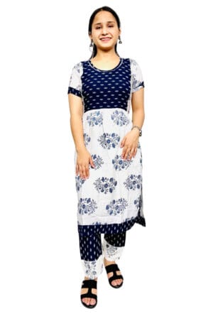 White Blue Rayon Kurti with Pant Casual Dress for Women