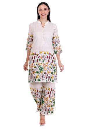 Beige Cotton Foral Digital Printed Co-Ord Set for Women & Girls