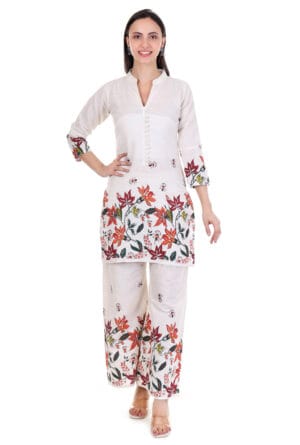 Beige Cotton Foral Digital Printed Co-Ord Set for Women & Girls