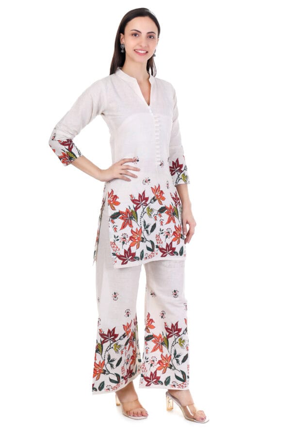 Beige Cotton Foral Digital Printed Co-Ord Set for Women & Girls - Image 3