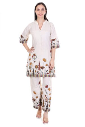 Beige Cotton Foral Digital Printed Co-Ord Set for Women & Girls