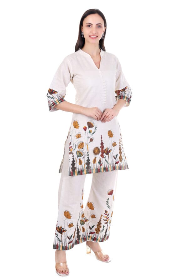 Beige Cotton Foral Digital Printed Co-Ord Set for Women & Girls - Image 3