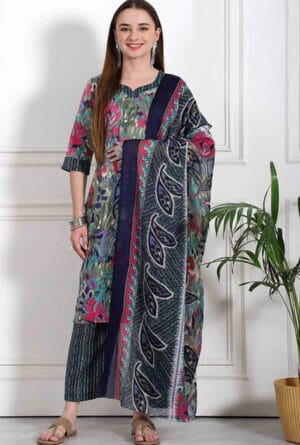 Ethnic Motifs Printed Regular Pure Cotton Kurta with Trousers & Dupatta