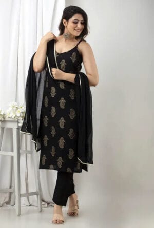Black Floral Print Rayon Kurti Pant Dupatta Set for Women