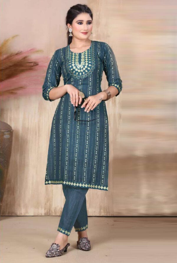 Embroidery Work Round Neck Long Kurti for Women & Girls Green - Image 2