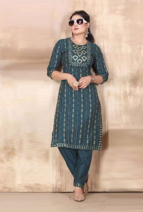 Embroidery Work Round Neck Long Kurti for Women & Girls Green