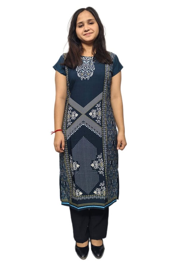 Designer Printed Crepe Round Neck Long Kurti for Women & Girls - Image 2