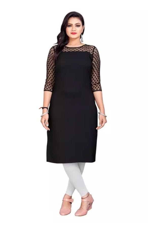Shoulder Net Work Round Neck Long Kurti for Women & Girls - Image 2