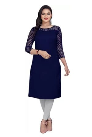 Shoulder Net Work Round Neck Long Kurti for Women & Girls