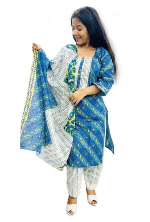 Casual Cotton Blue Kurti Pant with Dupatta for Women & Girls