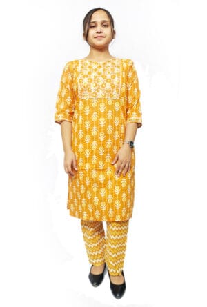 Embroidery Neck Printed Yellow Kurti Pant Set for Women & Girls