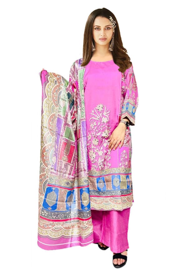 Women & Girls Digital Prtint Embroidery Work Pakistni Silk Suit - Image 3