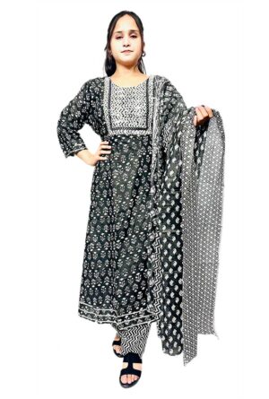 Casual Look Black Ghera Kurti Pant with Dupatta for Women & Girls