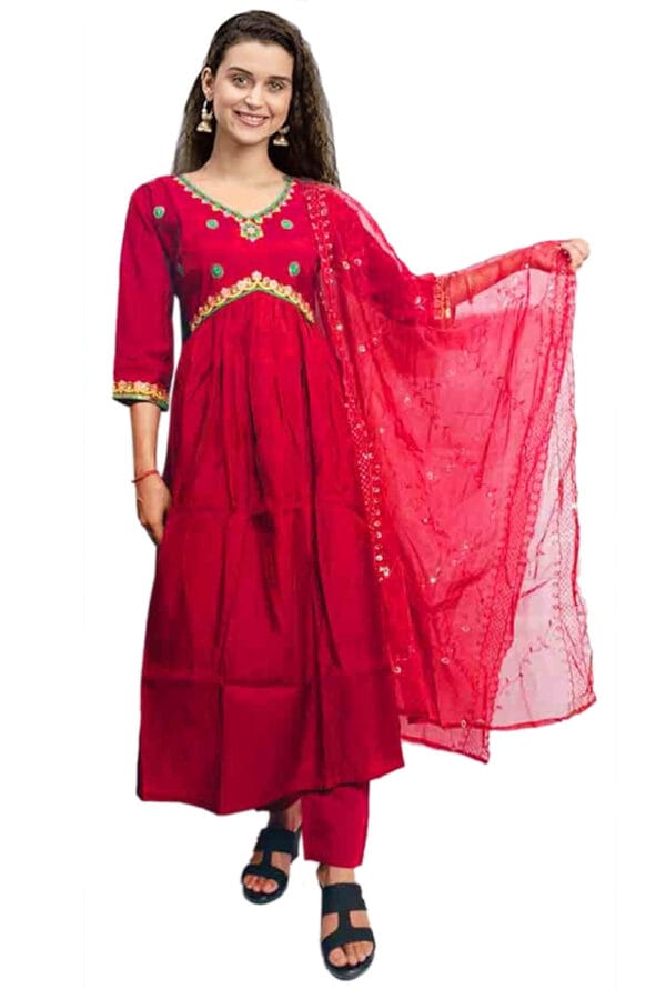 Embroidery Neck Alia Cut Kurti with Pant and Dupatta for Women - Image 2