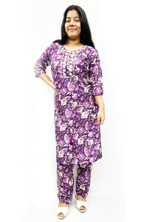 Floral Print Rayon Fabric Purple Kurti Pant for Women and Girls
