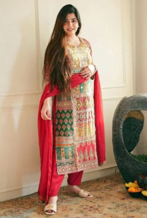 Maslin Fabric Full Sequence Work Kurti Pant with Dupatta Set