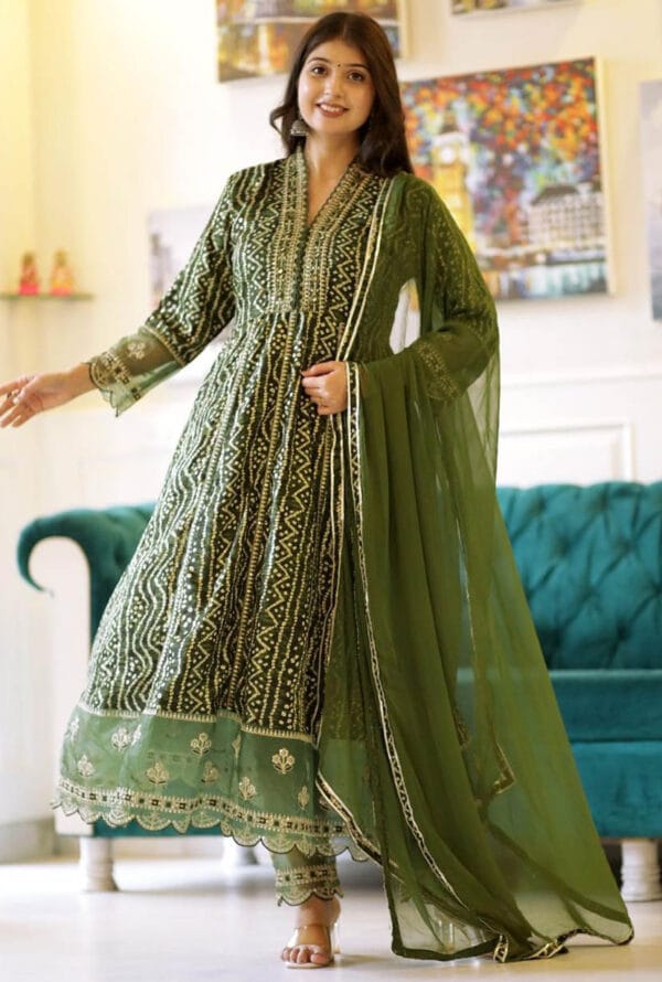 Women Embroidery Work V-Neck Ghera Kurti Pant with Dupatta - Image 2