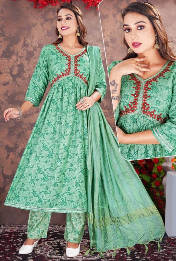 Embroidery Neck Alia Cut Kurti with Pant and Dupatta for Women - Image 3