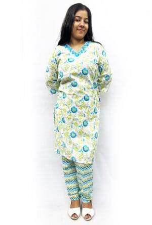 V-Neck Digital Printed Cotton Kurti with Pant for Women's & Girls