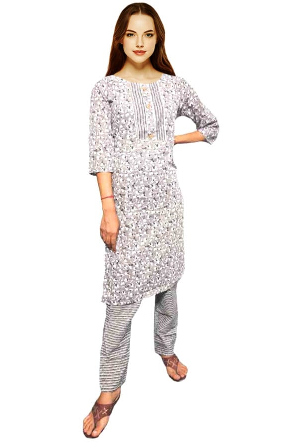 Women Embroidery Neck Grey Printed Kurti Pant - Set of 3 @ ₹ 999/-