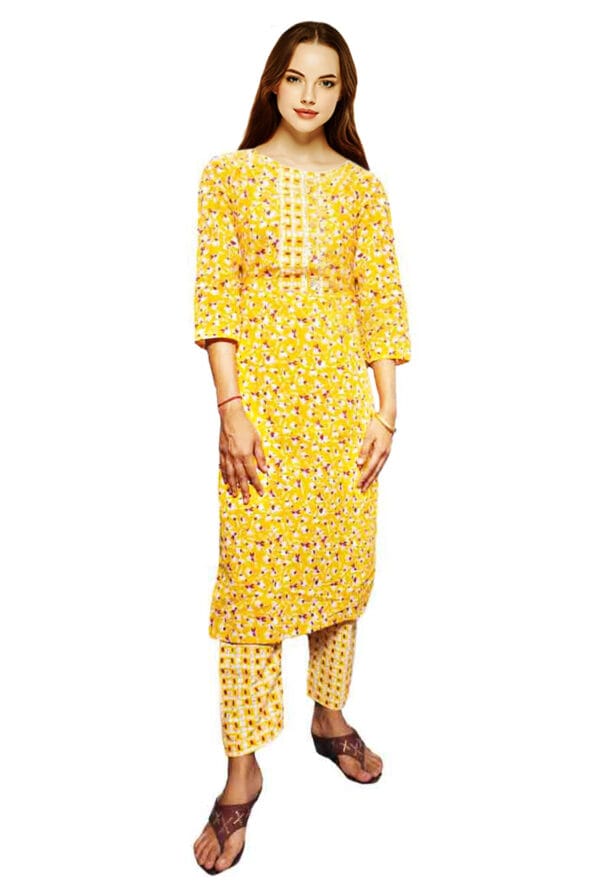 Women Embroidery Neck Printed Yelllow Kurti Pant-Set of 3 @ ₹ 999/-