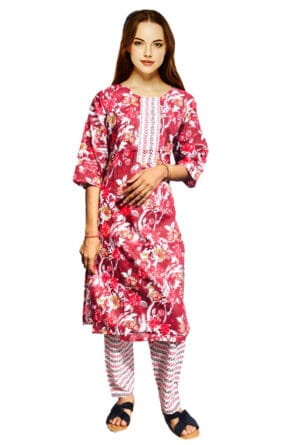 Women Embroidery Printed Purple Kurti Pant-Set of 3 @ ₹ 999/-