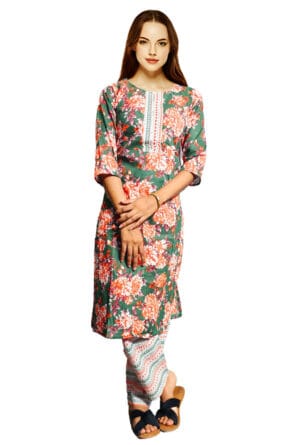 Embroidery Printed Green Red Kurti Pant Set for Women & Girls