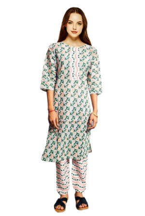 Women Embroidery Jaipuri Printed Green Kurti Pant-Set of 3 @ ₹ 999/-