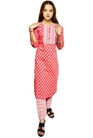 Women Embroidery Printed Red Kurti Pant-Set of 3 @ ₹ 999/-
