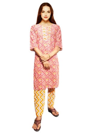 Women Embroidery Printed Red Kurti Pant-Set of 3 @ ₹ 999/-