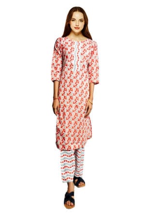 Embroidery Printed Red & White Kurti Pant Set for Women & Girls