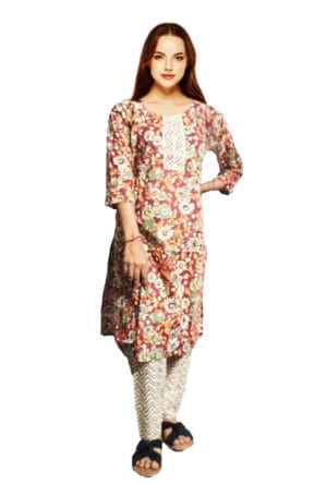 Women Embroidery Printed Brown Kurti Pant - Set of 3 @ ₹ 999/-