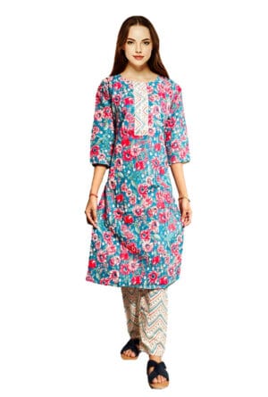 Women Embroidery Printed Sky Blue Kurti Pant - Set of 3 @ ₹ 999/-