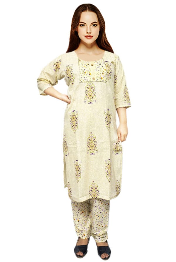 Women Embroidery Printed Beige Kurti Pant - Set of 3 @ ₹ 999/-