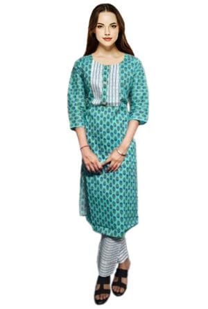 Women Embroidery Printed Sky Blue Kurti Pant -Set of 3 @ ₹ 999/-