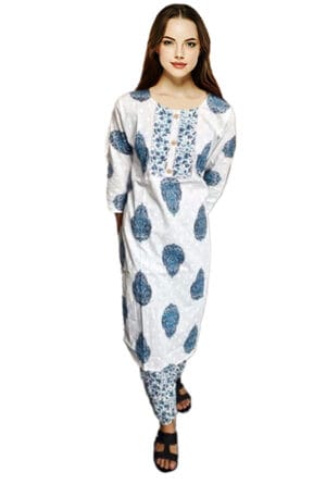 Women Embroidery Printed White Kurti Pant - Set of 3 @ ₹ 999/-
