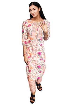 Women Embroidery Printed Pink Color Kurti Pant-Set of 3 @ ₹ 999/-
