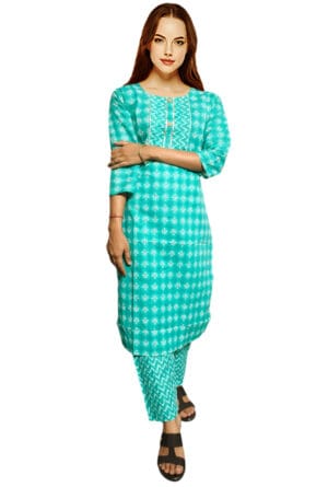 Women Embroidery Printed Sky Blue Kurti Pant-Set of 3 @ ₹ 999/-