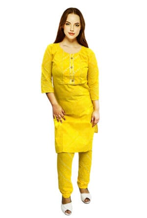 Women Embroidery Printed Yellow Kurti Pant-Set of 3 @ ₹ 999/-