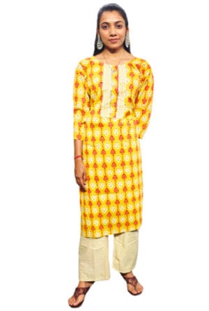 Embroidery Printed Yellow Kurti Pant Set for Women & Girls
