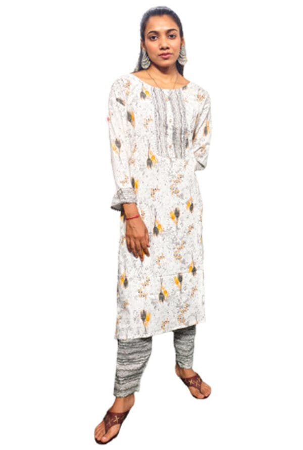 Embroidery Printed White Kurti Pant Set for Women & Girls