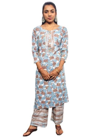 Embroidery Printed Blue Brown Kurti Pant Set for Women & Girls