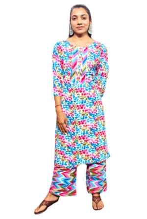 Embroidery Printed Multicolor Kurti Pant Set for Women & Girls