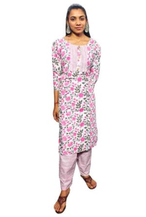 Embroidery Printed Pink Multi Kurti Pant Set for Women & Girls